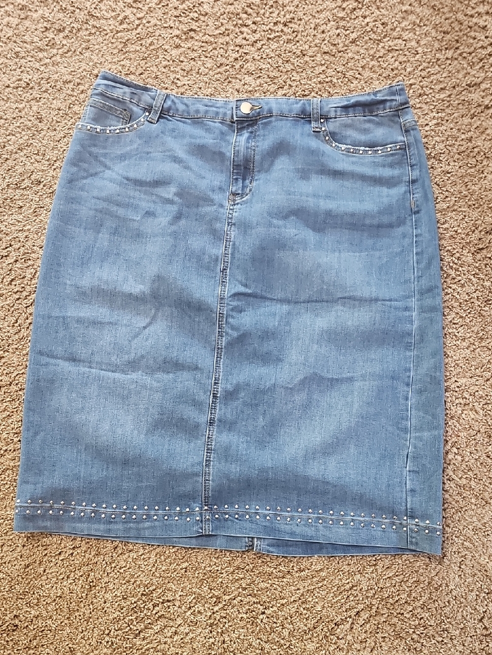 CJ Banks Light Blue Denim Pencil Skirt with Stud Trim